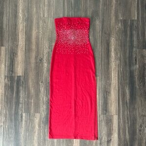 Vintage Red Maxi Dress Silver Embellishments Removable Spag Straps Leg Slit Sz 8